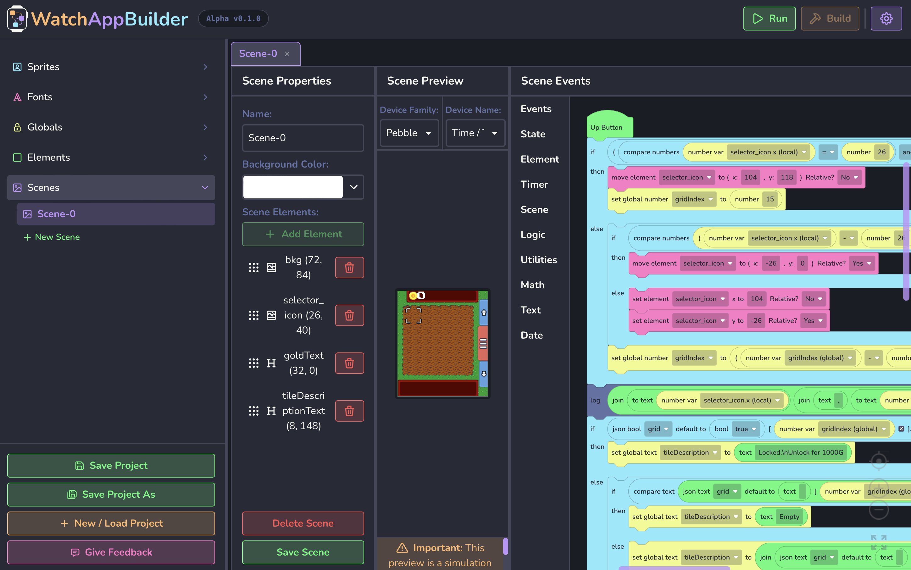WatchAppStudio desktop interface showing scene properties, a Pebble preview and visual logic blocks